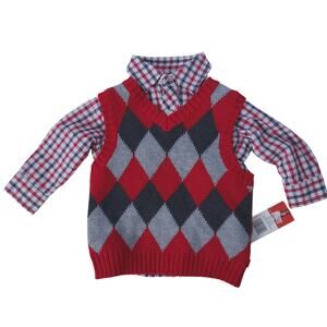 New IZOD Baby Boys Sweater 6-9 Months Argyle Vest with Button Down Shirt Red